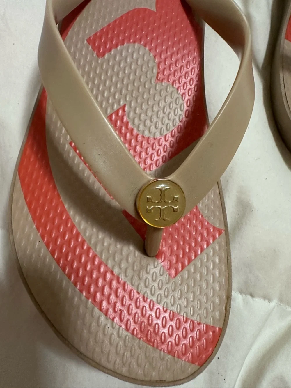 Tory Burch Beige and Coral Logo Flip Flops - Picture 3 of 5